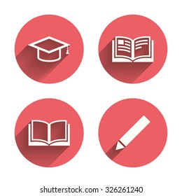 Pencil and open book icons. Graduation cap symbol. Higher education learn signs. Pink circles flat buttons with shadow. Vector