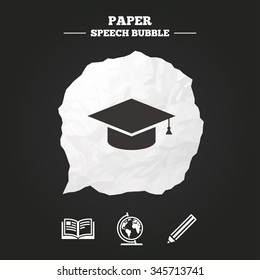 Pencil and open book icons. Graduation cap and geography globe symbols. Education learn signs. Paper speech bubble with icon.