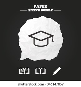 Pencil and open book icons. Graduation cap symbol. Higher education learn signs. Paper speech bubble with icon.