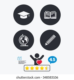 Pencil and open book icons. Graduation cap and geography globe symbols. Education learn signs. Star vote ranking. Client like and think bubble. Quotes with message.