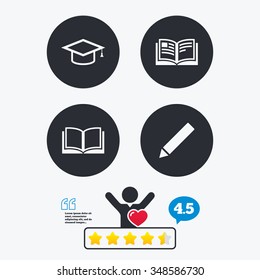 Pencil and open book icons. Graduation cap symbol. Higher education learn signs. Star vote ranking. Client like and think bubble. Quotes with message.