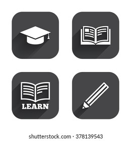 Pencil and open book icons. Graduation cap symbol. Higher education learn signs. Square flat buttons with long shadow.