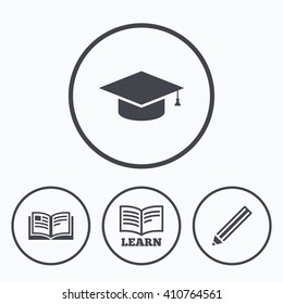 Pencil and open book icons. Graduation cap symbol. Higher education learn signs. Icons in circles.