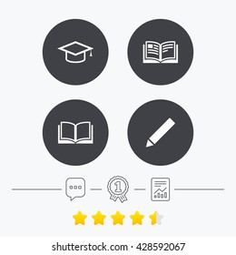 Pencil and open book icons. Graduation cap symbol. Higher education learn signs. Chat, award medal and report linear icons. Star vote ranking. Vector