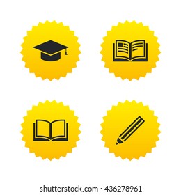 Pencil and open book icons. Graduation cap symbol. Higher education learn signs. Yellow stars labels with flat icons. Vector