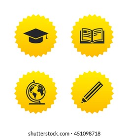 Pencil and open book icons. Graduation cap and geography globe symbols. Education learn signs. Yellow stars labels with flat icons. Vector