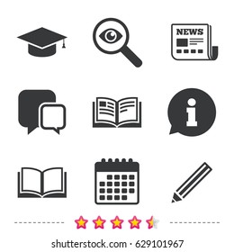 Pencil and open book icons. Graduation cap symbol. Higher education learn signs. Newspaper, information and calendar icons. Investigate magnifier, chat symbol. Vector