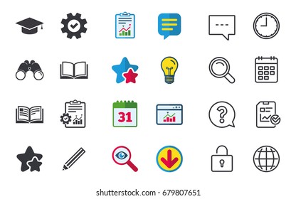 Pencil and open book icons. Graduation cap symbol. Higher education learn signs. Chat, Report and Calendar signs. Stars, Statistics and Download icons. Question, Clock and Globe. Vector