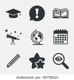 Pencil and open book signs. Graduation cap icon.