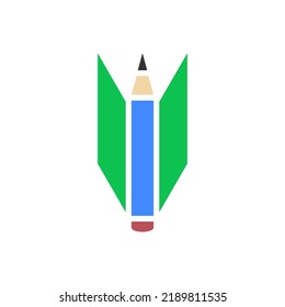 Pencil and open paper sheet, book, notebook. Isolated simple colored vector illustration on white background.