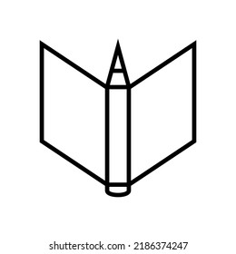 Pencil and open paper sheet, notebook, book. Outline and line style. Isolated simple vector illustration on white background.