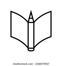Lápiz y papel abierto, cuaderno, libro. Esquema y estilo de línea. Ilustración vectorial simple aislada sobre fondo blanco.