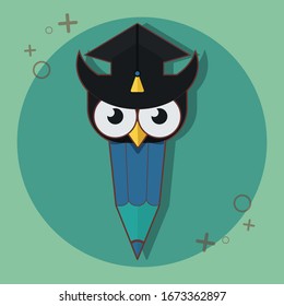Pencil with owl character. Mascot education design concept