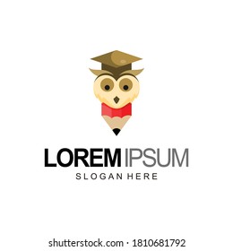 pencil and owl logo template, education logo flat style in brown and red color
