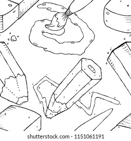 Pencil and paint brush seamless pattern. Vector seamless pattern brush and pencil drawing. Hand drawn pencil and brush in paint for drawing.