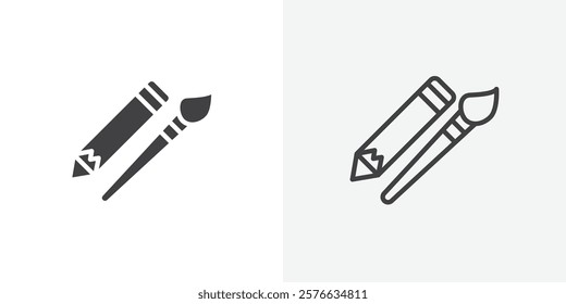 Pencil paintbrush icon set in black flat solid and outlined style.