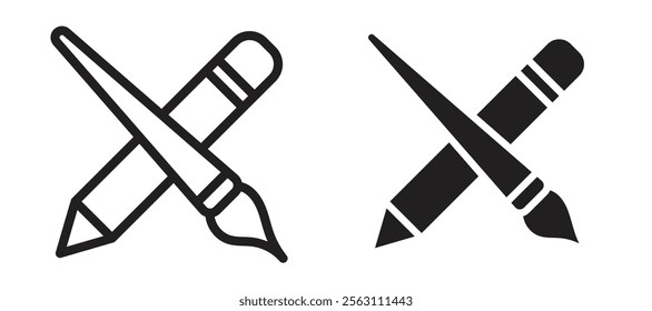 Pencil paintbrush icons in black line and filled versions