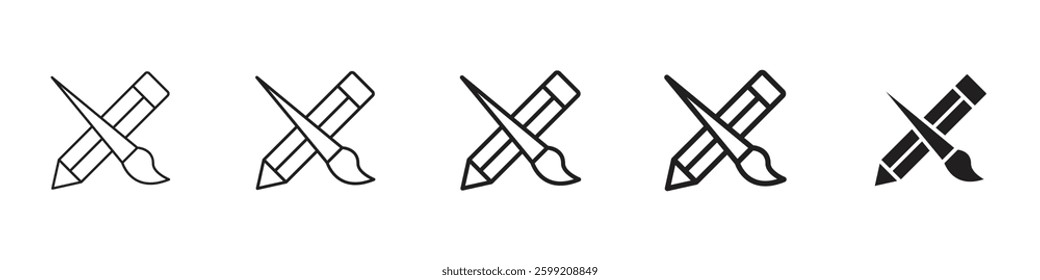 Pencil paintbrush icons in black outline, solid and colored style