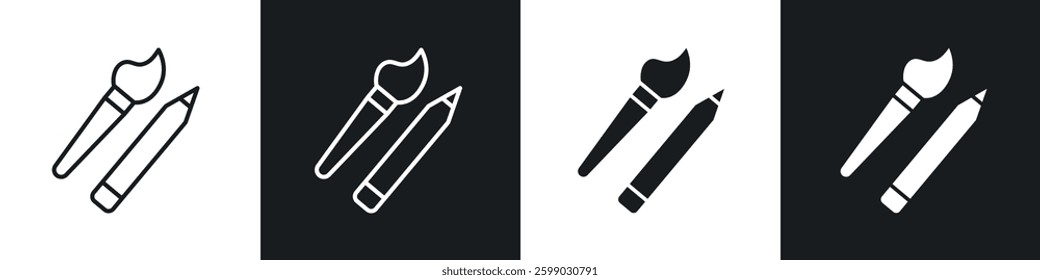 Pencil paintbrush icons in flat and linear vector illustration on white background.