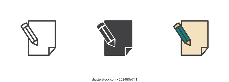 Conjunto de iconos de estilo diferente de lápiz y papel. Línea, glifo y contorno relleno versión colorida, contorno y signo de Vector relleno. Escribir, símbolo de signo, ilustración de logotipo. Gráficos de Vector
