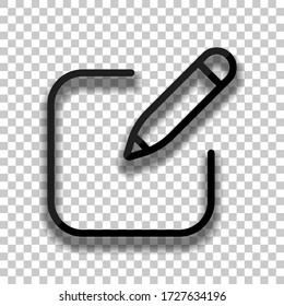 Pencil and paper, edit text, create file, new document, outline design. Black glass icon with soft shadow on transparent background