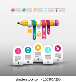 Pencil with Paper Labels. Vector Web Design Layout. Infographic Template. Modern 3d Infographics Design.