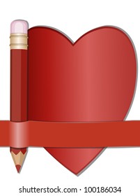 Pencil and paper for notes in the shape of a heart