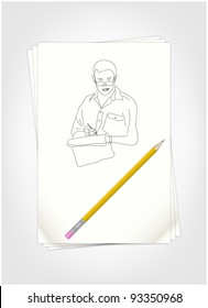 Pencil and paper for notes with a sketch of person