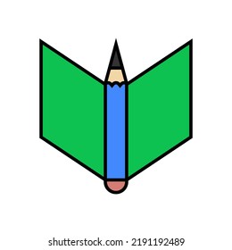 Pencil and paper sheet, notebook, book. Outline and line style. Isolated simple colored vector illustration on white background.