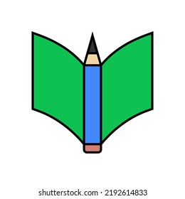 Pencil and paper sheet, notebook, book. Outline and line style. Isolated simple colored vector illustration on white background.