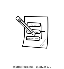 Pencil and paper sheet with system parts hand drawn outline doodle icon. Data system and architecture concept. Vector sketch illustration for print, web, mobile and infographics on white background.