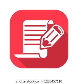 pencil with paper vector red icon in modern flat style isolated. Symbol pencil with paper is good for your web design.