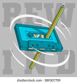 A Pencil Pass Through The Tape Cassette And Spin Manually For Rewind. Overlapped Layers. Vector Line-Art Illustration. Tee Print Concept. Neatly Organized Objects In Groups. 