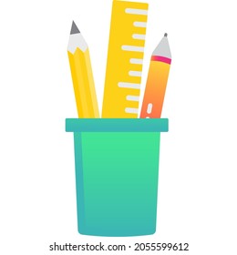 Lápiz y pluma en la caja. Icono del soporte del vaso vector aislado en fondo blanco. Contenedor escolar con papel de escritorio. Cesta de estuches de oficina con accesorios para escritura y dibujo