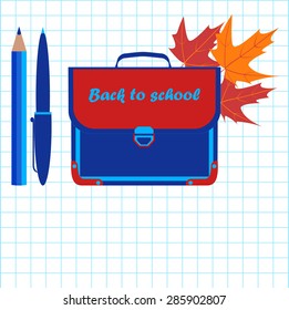 Pencil, pen, briefcase and maple leaves on a piece of notebook 