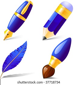 Pencil, pen, brush, feather. Isolated on white.