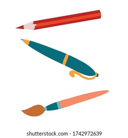pencil, pen, brush, flat, isolated object on a white background, vector illustration,