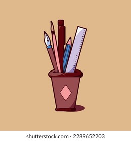 Pencil, pen, brush and ruler design set in pencil case for commercial use