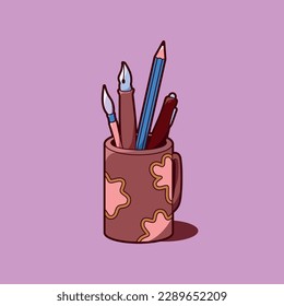 Pencil, pen, brush and ruler design set in pencil case for commercial use