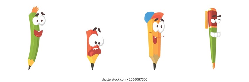 Pencil and Pen Character with Comic Face Vector Set