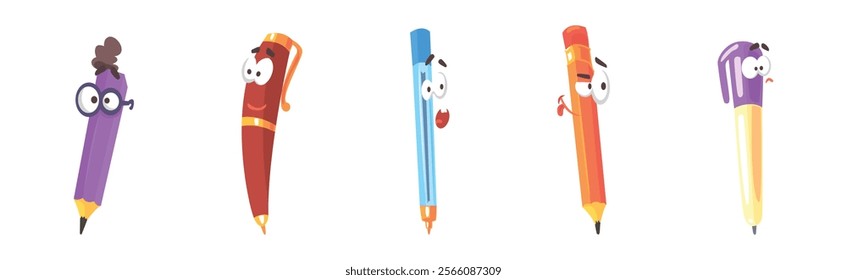 Pencil and Pen Character with Comic Face Vector Set