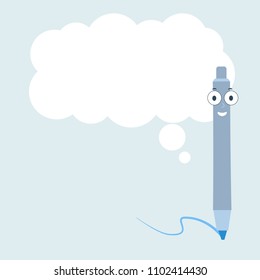 Pencil, pen with cloud speech bubble on blue background. Copy space for your text. Creativity, inspiration, message, notes and idea concept. Flat cartoon design. Think or speech bubble. Back to school