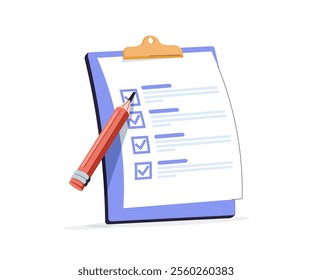 Pencil pen fills out the checkbox form. The manager marks the documents, the student takes the exam online. Large pencil fills out questionnaire, test, survey. Flat vector illustration