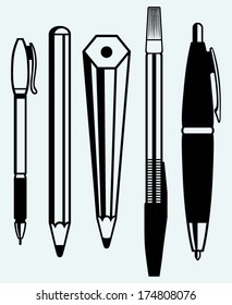 Pencil, pen and fountain pen icons. Image isolated on blue background