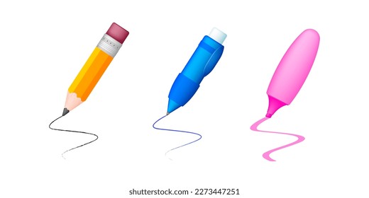 Pencil, pen and highlighter, office or learning stationery in 3d style. Writing equipment, write tool supplies.