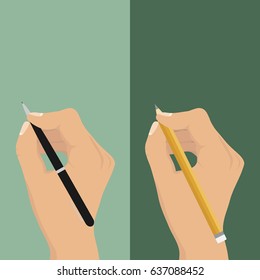 Pencil and pen hold in hand. Flat design, vector illustration, vector.