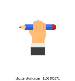 Pencil and pen hold in hand set for writing. Vector illustration, flat design. Writer, journalist, student. Hand writing man.