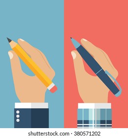 Pencil and pen hold in hand set for writing. Vector illustration, flat design. Writer, journalist, student. Hand writing man.