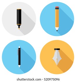 Pencil And Pen Icons . Flat Design Style Modern Vector Illustration. Isolated On Stylish Color Background. Flat Long Shadow Icon. Elements In Flat Design.