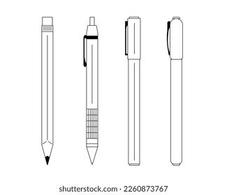 Pencil and pen icons set. Vector illustrator. Simple outline writing tools.